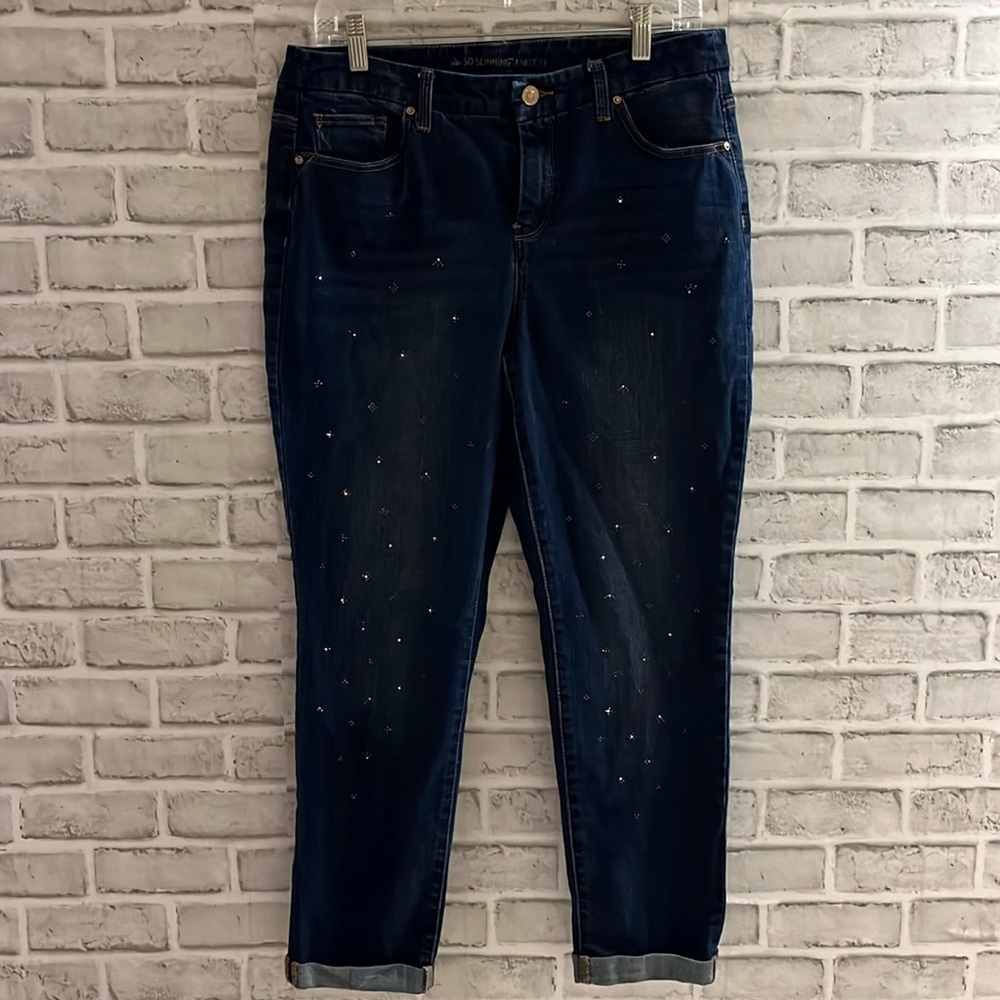 Chicos, so slimming ankle blue jeans, , gold colour sequence, pattern, size 1